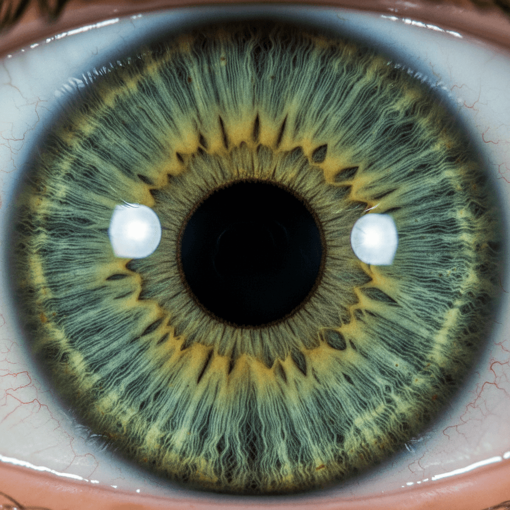 Close-up of a green iris with detailed texture and vibrant patterns