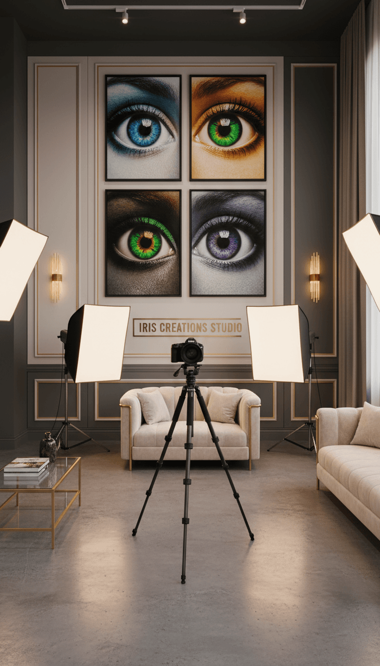Luxurious photography studio interior with artful eye portraits