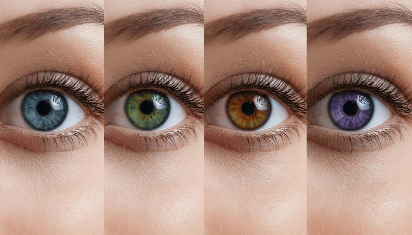 Four detailed iris close-ups showcasing intricate eye patterns and colors in professional studio photography