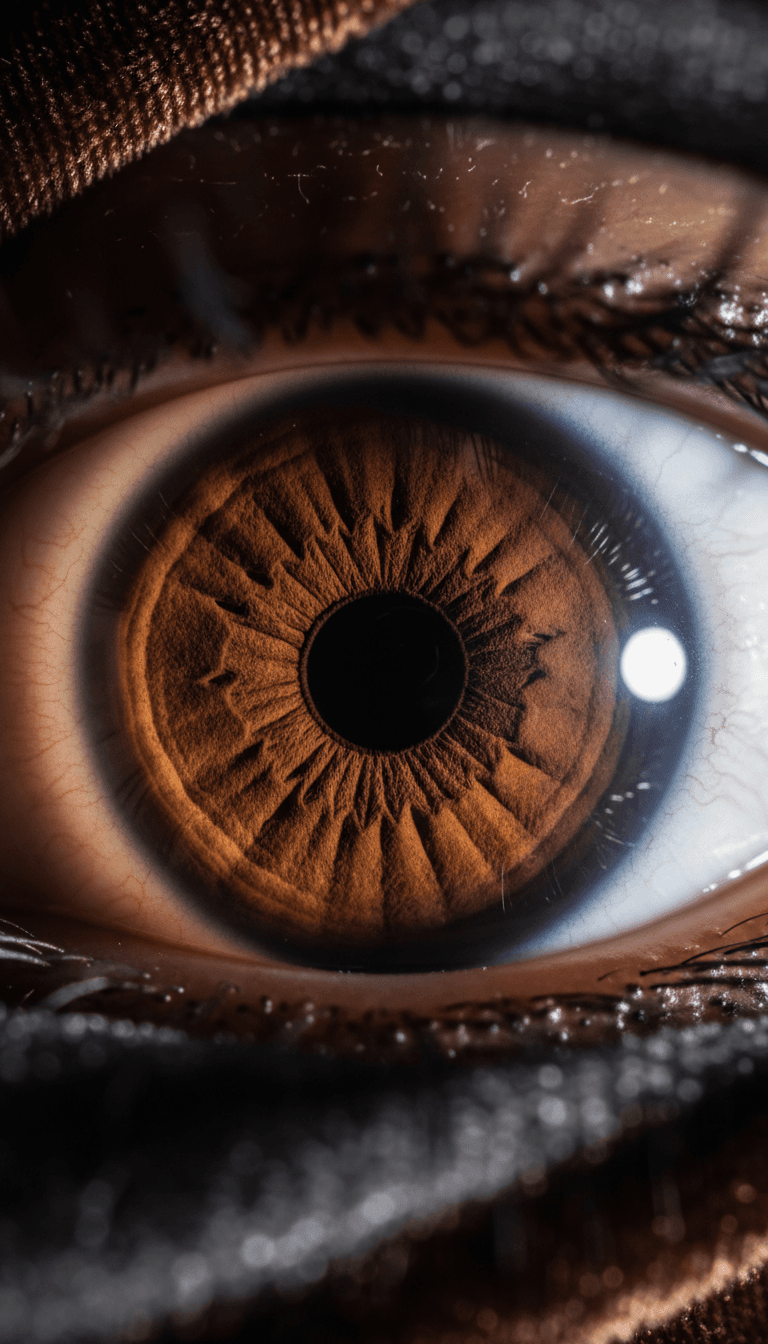 High-contrast iris photograph with deep brown tones against dark background