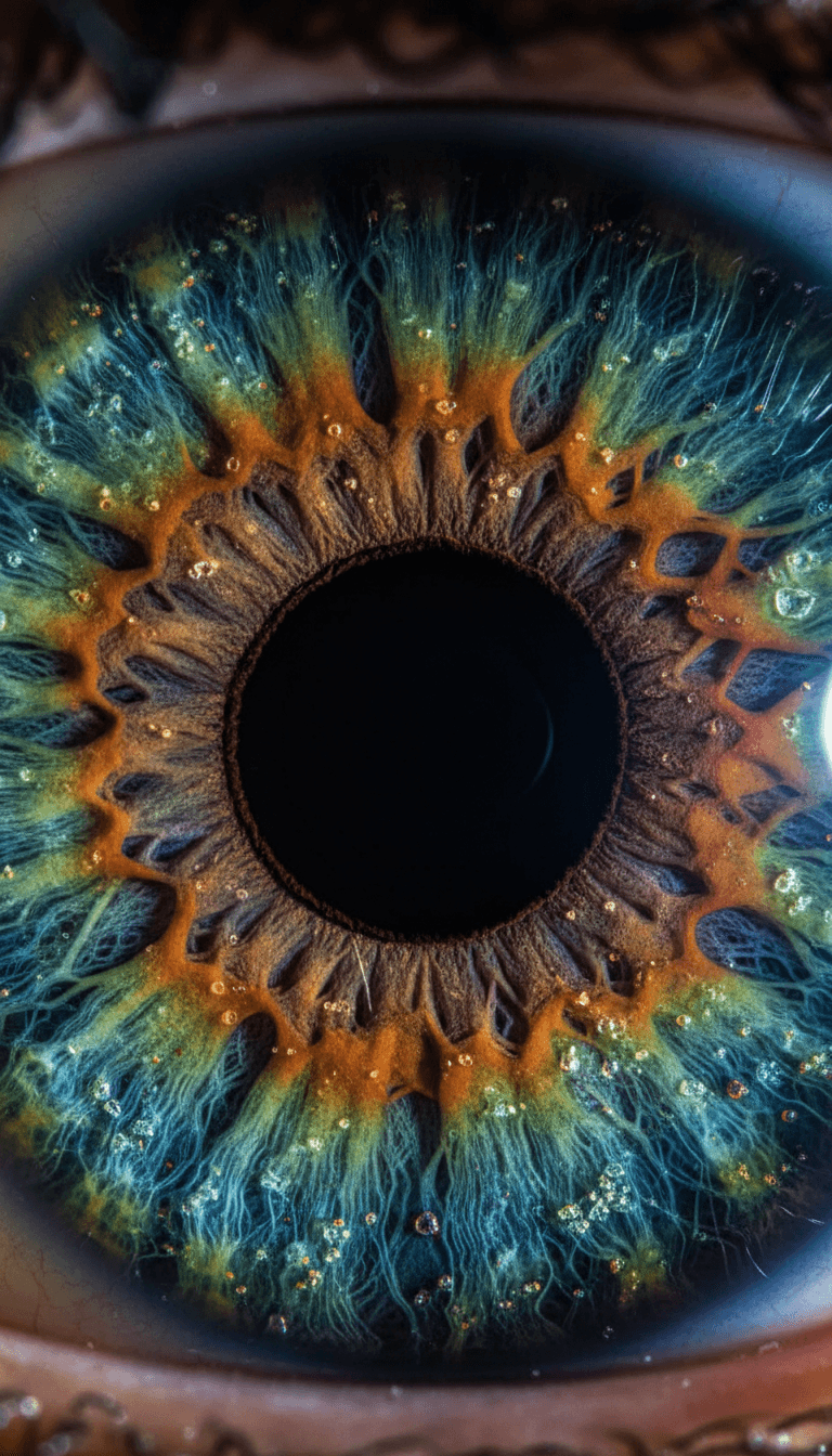 Detailed macro photograph of a human iris showing intricate patterns and rich colors