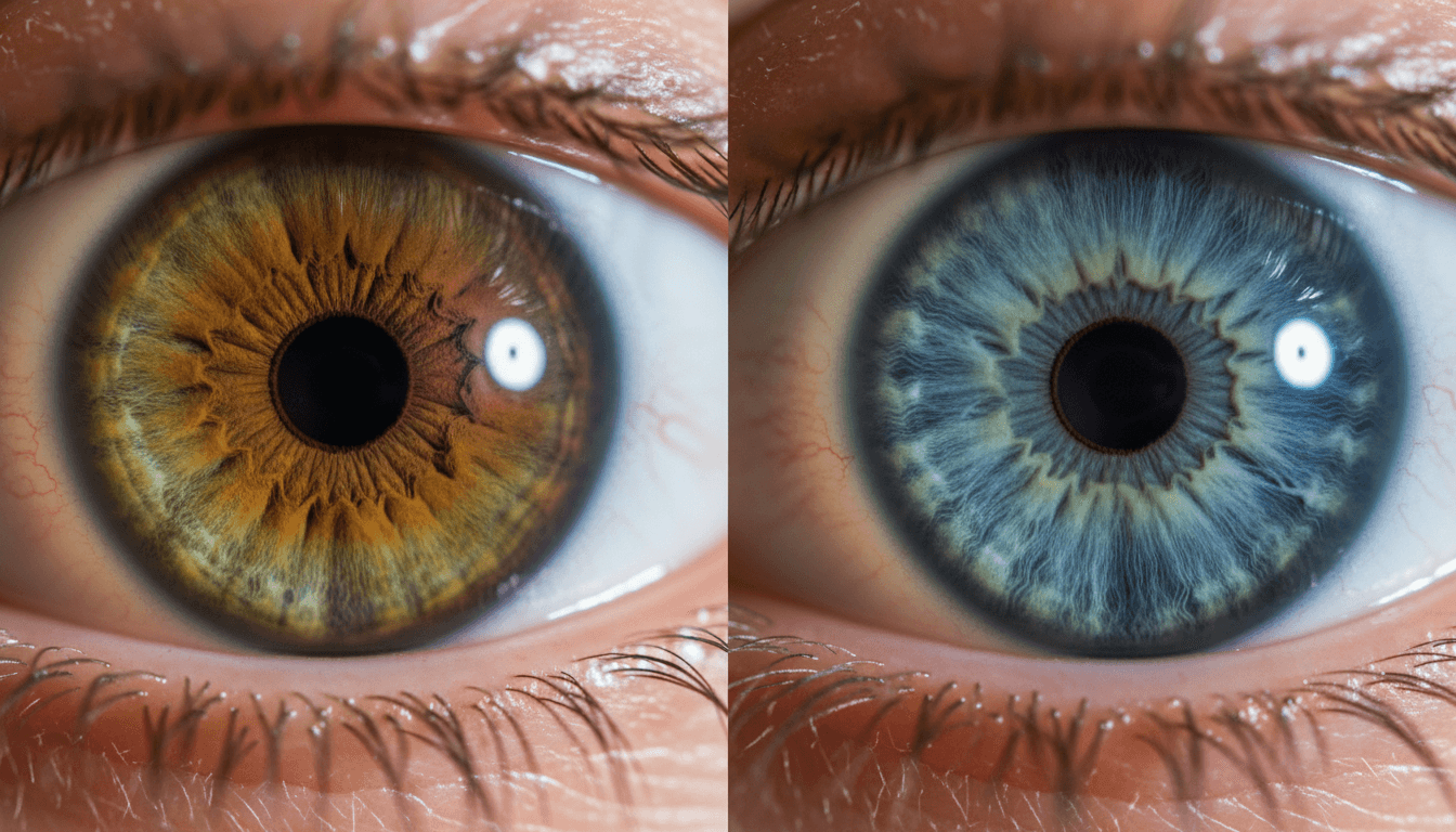 Detailed close-up of two human irises showcasing intricate patterns and rich color