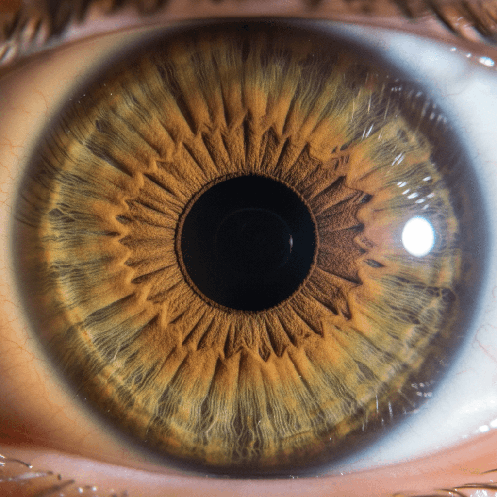 Detailed close-up of a hazel iris with intricate radial patterns