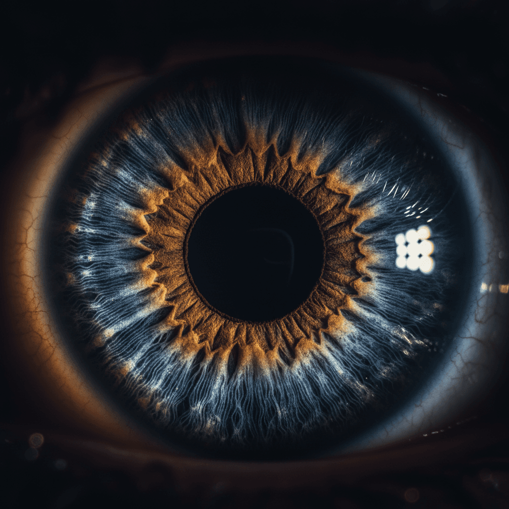 Close-up of a detailed iris with golden light accents