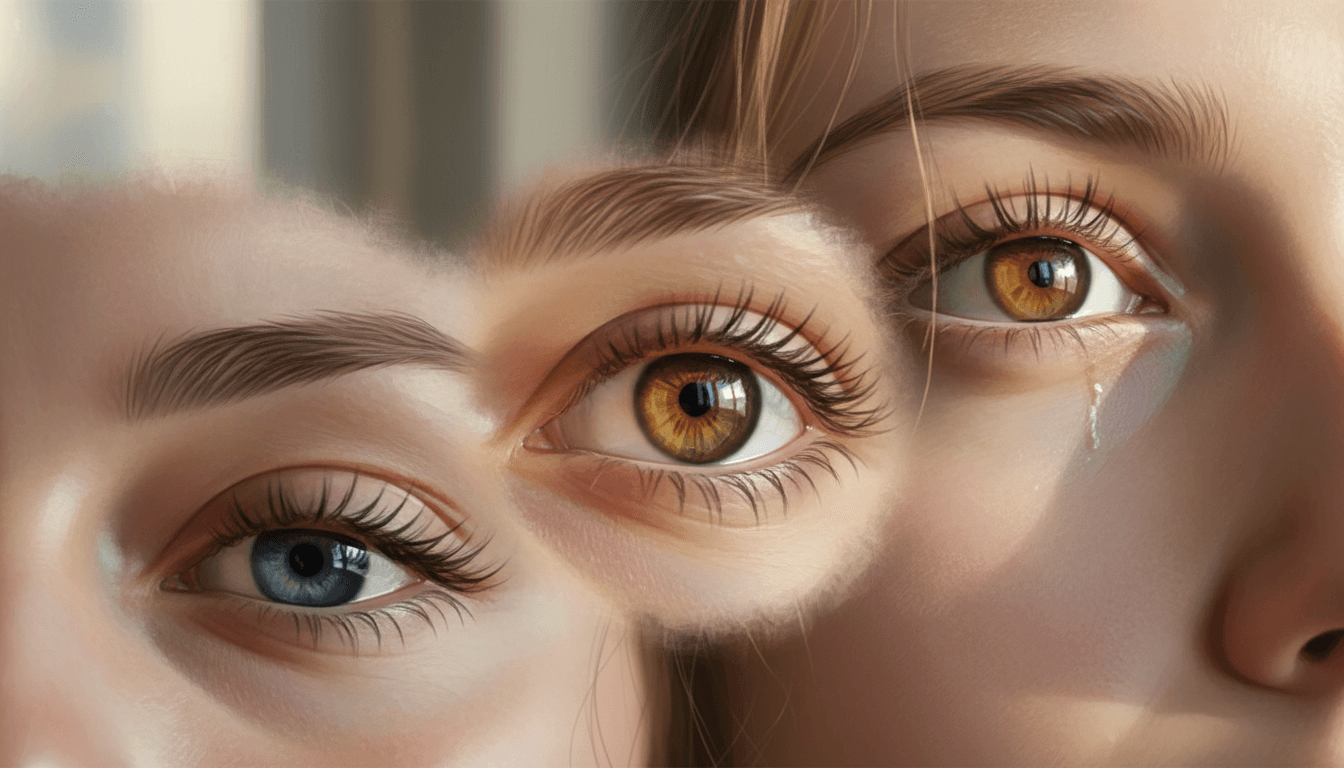 Three human eyes photographed in detail with warm natural lighting and artistic composition