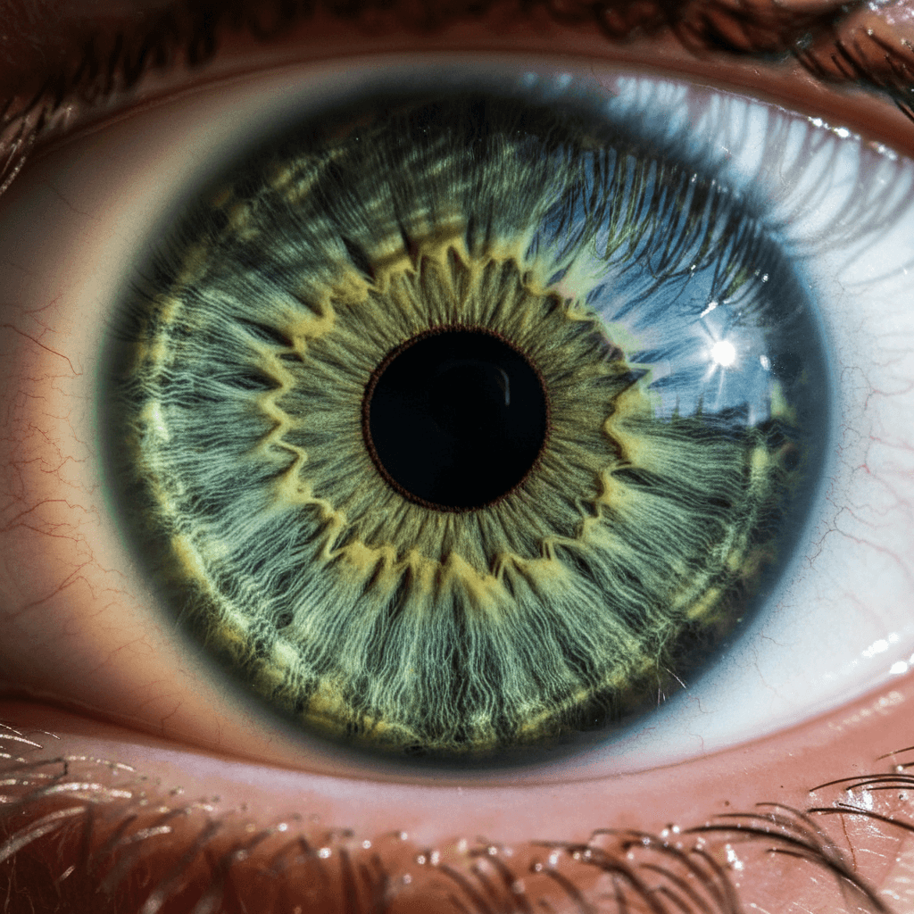 Close-up of a human iris with intricate patterns and vivid colors
