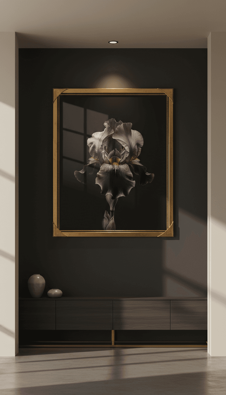 Framed iris portrait displayed on a dark wall with warm accent lighting