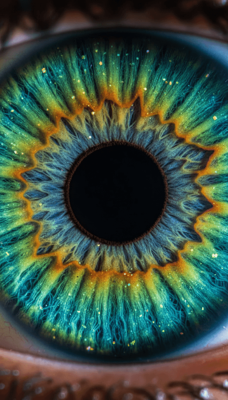 Detailed close-up of a vibrant blue iris with intricate patterns and natural lighting