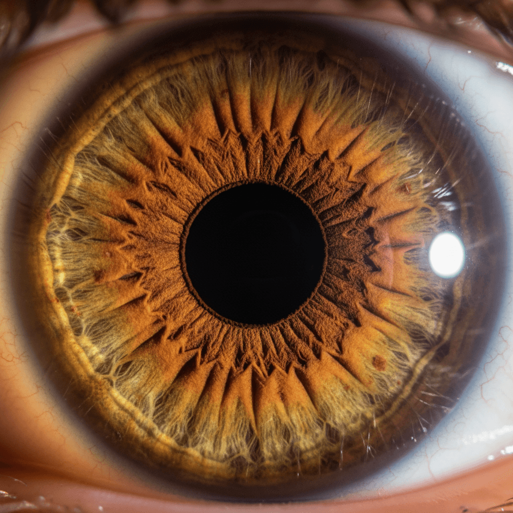 Close-up of an iris with warm lighting highlighting intricate textures and vibrant colors