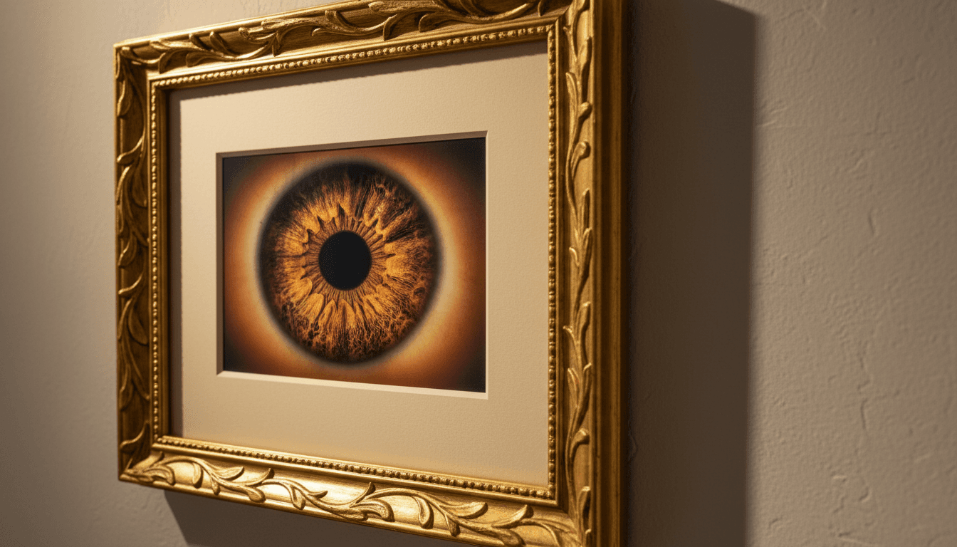 Finished iris photography print elegantly displayed in a gold-leaf frame against a neutral wall