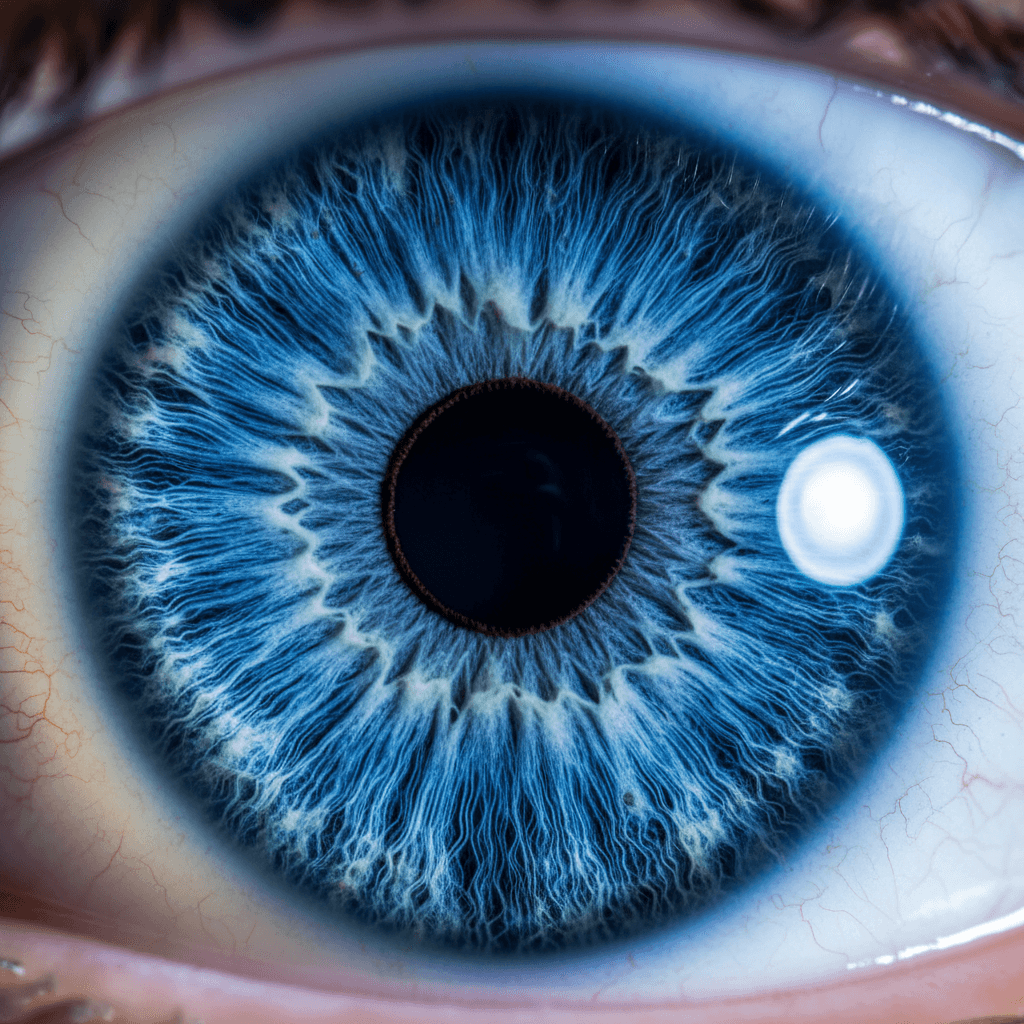Close-up of an iris showcasing intricate patterns and vibrant colors in studio lighting
