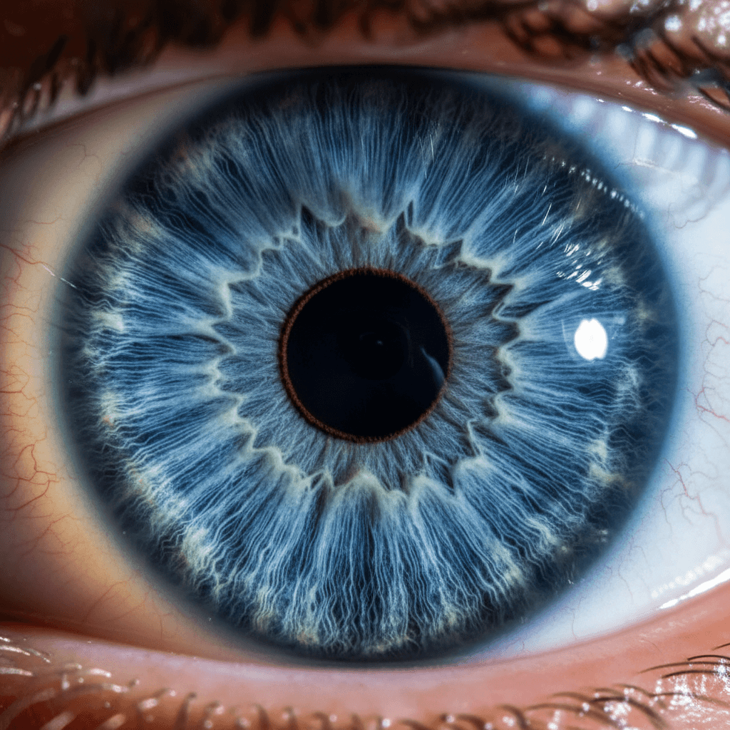 Close-up of a blue iris with natural lighting and intricate detail