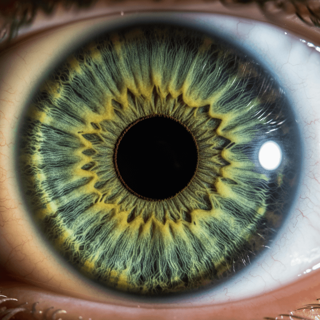 Close-up of a green iris with intricate patterns and vibrant colors