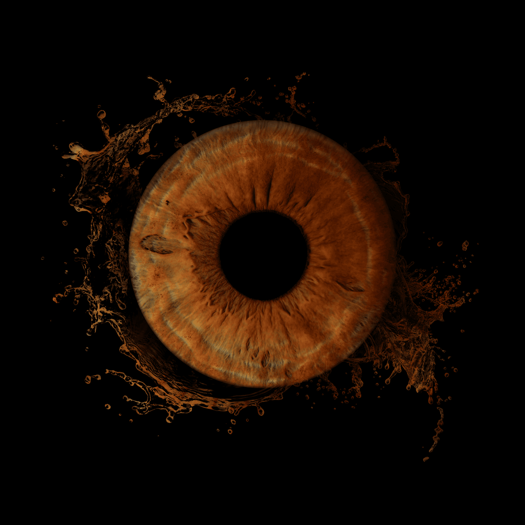 Detailed brown human iris and pupil with a splash of dark liquid on black.