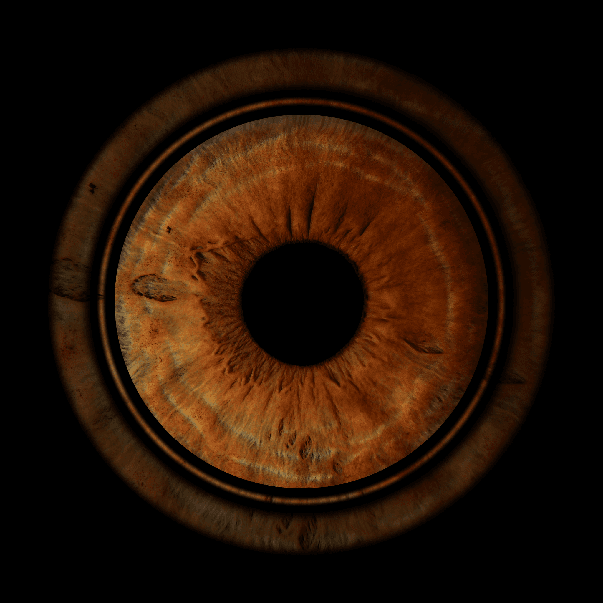 Detailed macro view of a brown human iris with intricate textures and a black pupil.